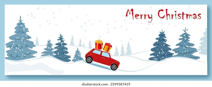 Celebrate winter with a festive red car carrying colorful gifts through a snowy landscape adorned with evergreen trees