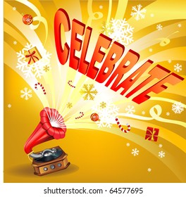 Celebrate winter holidays! Vector illustration with retro gramophone