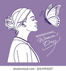 Celebrate Women's Day with a stunning vector design featuring a joyful lady and elegant floral elements. Perfect for greeting cards, invitations, and digital art projects.