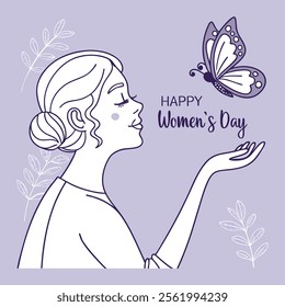 Celebrate Women's Day with a stunning vector design featuring a joyful lady and elegant floral elements. Perfect for greeting cards, invitations, and digital art projects.