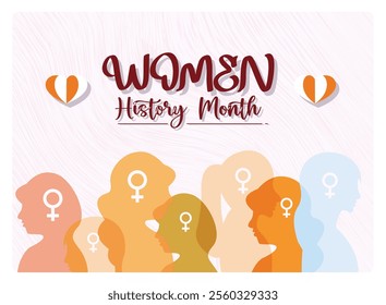 Celebrate Women's History Month with feminine silhouettes and gender symbols. Symbolizes unity and empowerment of women. Women's History Month concept. Flat vector illustration.