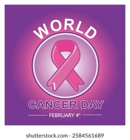 Celebrate World Cancer Day on February 4th with this inspirational poster featuring a pink ribbon symbolizing unity and support against cancer. Flat vector modern illustration 