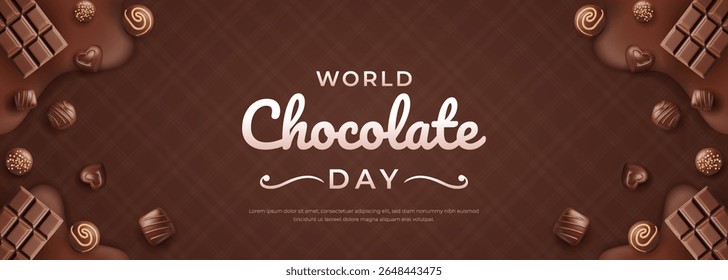Comemore o Dia Mundial do Chocolate com um arranjo elegante de chocolates e doces em um pano de fundo marrom luxuoso, simbolizando indulgência, doçura e alegria.