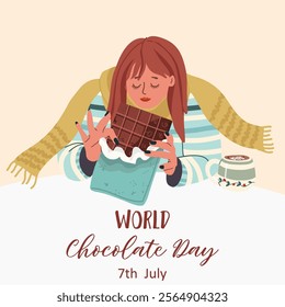 Celebrate World Chocolate Day with this banner. Character of a woman consuming chocolate with pleasure. Perfect for social media, candy store. Delicious Food.