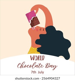 Celebrate World Chocolate Day with this banner. Character of a woman consuming chocolate with pleasure. Perfect for social media, candy store. Delicious Food.