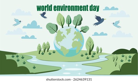 "Comemore o Dia Mundial do Meio Ambiente com esta ilustração inspiradora mostrando a beleza e interconectividade da natureza. Um globo vibrante, adornado com árvores exuberantes, simboliza os ricos do planeta 