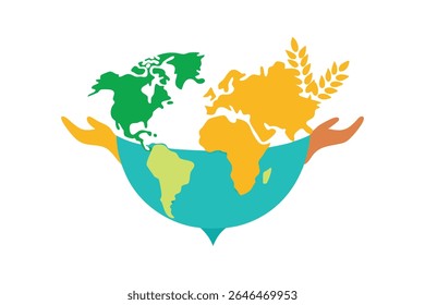 Celebrate World Food Day with a flat-design world map made of colorful grains like rice, wheat, and corn. Diverse hands pass a bowl, symbolizing global unity, sharing, and food sustainability.