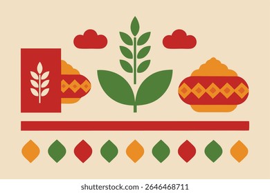 Comemore o Dia Mundial da Alimentação com um vibrante mosaico de alimentos tradicionais raros como amaranto, emoldurados por padrões étnicos. Um design vetorial cultural e educacional perfeito para temas de conscientização e diversidade.