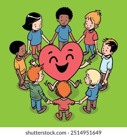 Celebrate World Heart Day with this heartwarming vector of diverse children holding hands around a heart. Perfect for promoting unity, heart health, and love across all communities.