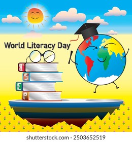 Celebrate World Literacy Day with a joyful vector featuring a globe in a graduation cap, books in various scripts, and a bright sun. This design highlights the importance of reading global education