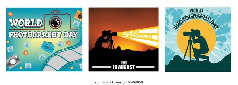 Celebrate World Photography Day. World Photography day 19 August. Photographer taking photo. Set flat vector modern illustration 