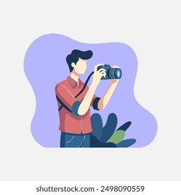 Celebrate World Photography Day with a flat style illustration of a photographer in action