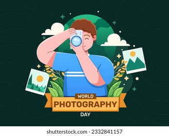 Celebrate World Photography Day with an illustration of a photographer capturing moments with a camera. This artwork embodies creativity and visual storytelling, showcasing the passion of photographer