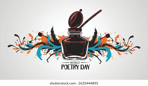 Celebrate World Poetry Day with this evocative vector illustration. Features a vintage inkwell, quill, and artistic ink splatters in a grunge style, inspiring creative writing and poem composition.