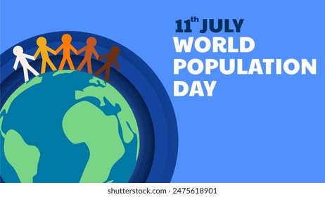 Celebrate World Population Day. People figure with different skin colors holding hands together and standing on the globe