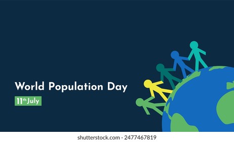 Celebrate World Population Day. People figure with different colors represent humankind races holding hands together and standing on the globe