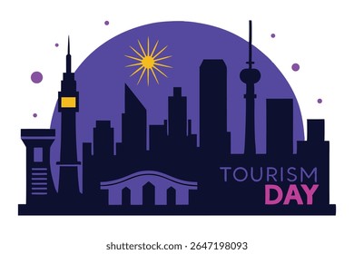 Celebrate World Tourism Day with this night skyline vector of Dubai, Paris, and Tokyo. Features iconic landmarks, fireworks, and a moon-shaped badge in a glowing blue-purple color palette on white.
