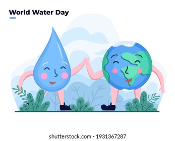 Celebrate World Water Day Flat illustration With Cute Earth and Water drop Cartoon character. Happy Water day. Can be used for banner, poster, greeting card, postcard, website, animation, flyer.