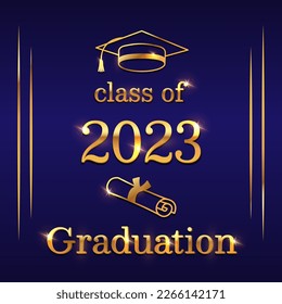 Celebrate your achievement in style with this elegant graduation background featuring a golden cap, certificate, and a congratulatory message on a blue backdrop. Vector illustration.