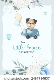 Celebrate your baby boy's arrival with a delightful announcement featuring a playful dog riding joyfully in a car, adding a whimsical and cheerful touch to this special occasion.