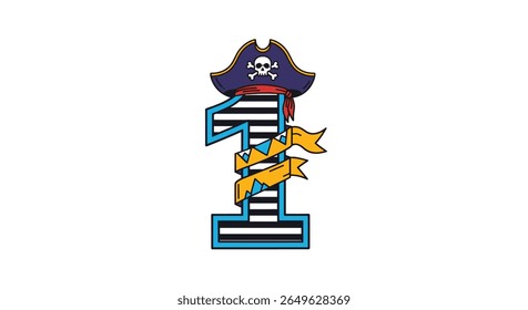 Celebrate your child's first birthday with a fun pirate theme featuring a festive numeral one decorated with a pirate hat and banners for an adventurous party