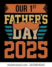 Comemore o seu primeiro Dia dos Pais em 2025 com este gráfico retro-inspirado com um bigode vintage e tipografia arrojada. Perfeito para novos pais e uma lembrança memorável.