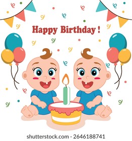 Celebrate your little ones' special day with this adorable design featuring baby boy and boy twins at their  birthday party!