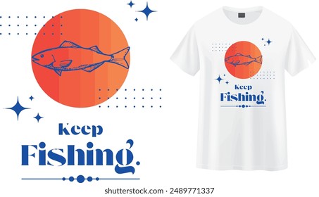 Celebrate your love for fishing with this stylish "Keep Fishing" t-shirt. Featuring a blue fish illustration against a vibrant orange circle, this design is perfect for fishing enthusiasts. 