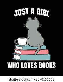 Celebrate your love for reading and feline friends with this charming graphic design. Featuring a cute cat, books, and coffee, it's perfect for bookworms and cat lovers alike.