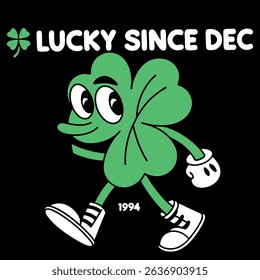 Celebrate your lucky charm with this playful t-shirt featuring a cheerful shamrock character. Perfect for St. Patrick's Day or anyone born in December 1994, this design brings positivity and joy!