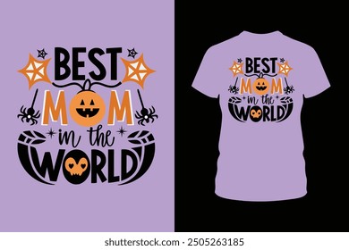 Celebrate your mom this Halloween with the Best Mom in the World t shirt design. Perfect for festive outfits, this design adds a stylish and spooky touch to your Halloween wardrobe.