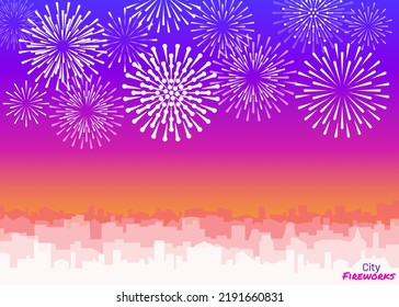Celebrated festive firecracker over town. City silhouette with white fireworks. Vector skyscrapers landscape with bright holiday salute