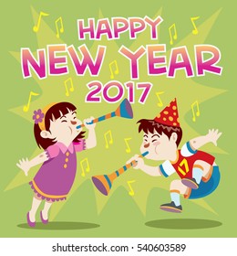 Celebrates the new year 2017 with blowing horns. Vector cartoon Illustration