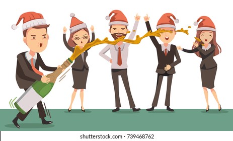 Celebrates New Year. Business team  together at work. Cartoon supervisor is opening a bottle of champagne. Happy colleagues. Christmas around the
office. Life-work concept. Vector illustrations