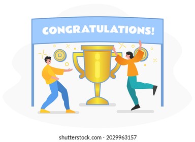 Celebrates small wins to achive big goals. Two people stand near congratulations banner. Modern vector illustration