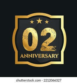 Celebrating 02nd years anniversary with golden border and stars on dark background, vector design.
