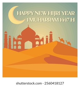 Celebrating 1 Muharram 1447 Hijriah with the crescent moon, desert sand dunes, the silhouette of a majestic mosque, and camels in a serene sunset setting. Flat vector modern illustration 