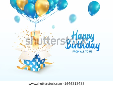 Celebrating of 1 st year birthday vector 3d illustration. First anniversary celebration. Open gift box with explosions confetti and number one flying on balloons on light background
