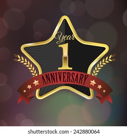 Celebrating 1 Year Anniversary - Golden Star with Laurel Wreath Seal with Red Golden - Layered EPS 10 Vector.