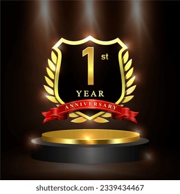 Celebrating 1 year anniversary logo with golden shield and ribbon, laurel wreath, cylinder podium vector design.