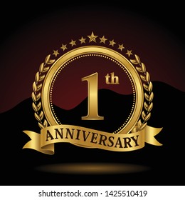 Celebrating 1 years anniversary with golden ring and ribbon on dark background, vector design.