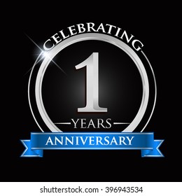 Celebrating 1 years anniversary logo. with silver ring and blue ribbon.