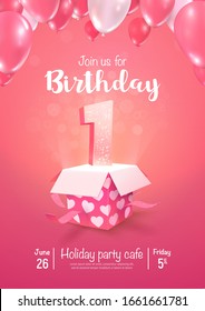 Celebrating of 1 years birthday vector 3d illustration on soft background. First year anniversary and open gift box with balloons poster template.