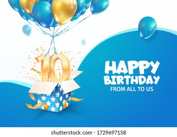 Celebrating of 10 th years birthday vector 3d illustration. Tenth anniversary celebration. Open gift box with explosions confetti and number nine flying on balloons on light background