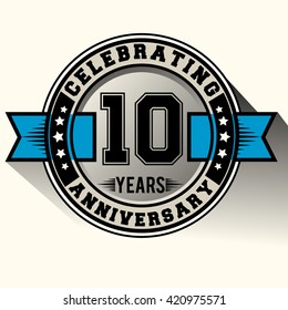 Celebrating 10 years anniversary logo vintage emblem with blue ribbon. Retro vector background.