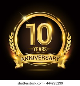 Celebrating 10 years anniversary logo with golden ring and ribbon, laurel wreath vector design.