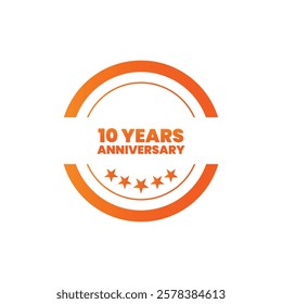 Celebrating 10 years anniversary orange cirlce label with ribbon, vecto