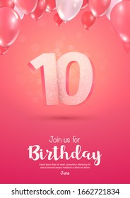 Celebrating of 10 years birthday vector 3d illustration on soft background. Ten years anniversary celebration with balloons poster template