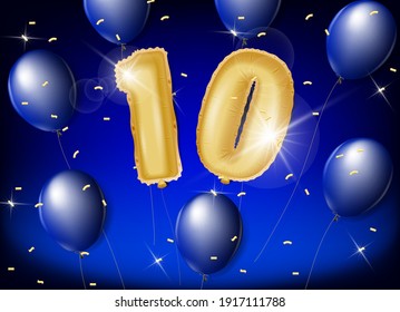 Celebrating 10 years with gold and blue balloons and glitter confetti on a blue background. Vector design for celebrations, invitation cards and greeting cards.