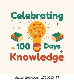 Celebrating 100 Days of Knowledge with a bright lightbulb, books, and festive elements. Educational concept for students and schools.